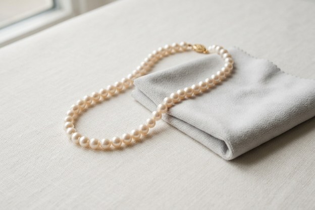 A soft cloth and pearl necklace laid out for care