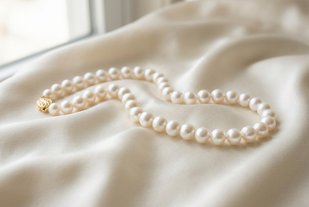 A strand of lustrous white pearls resting on ivory silk